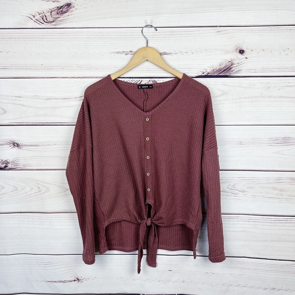 SHEIN Pink Thermal Knit Long Sleeve Tie Front Tee Sz M - Picture 2 of 4